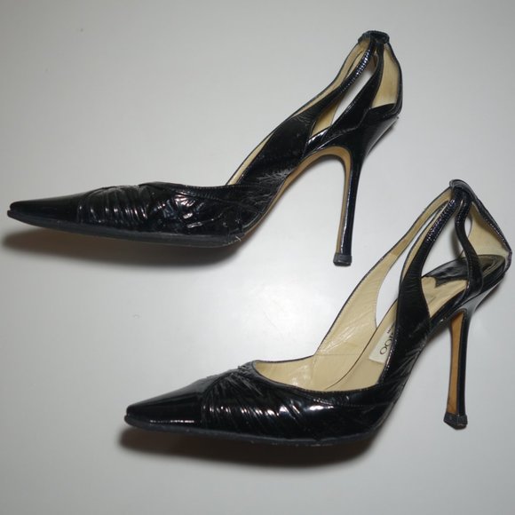 Jimmy Choo Black Stiletto Heels With Pointy Toe & Leather Ankle Strap, Sz 38 - Picture 8 of 12